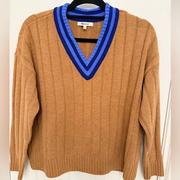 Madewell Camel Tan Ribbed V Neck Sweater Blue Stripe Trim Varsity Size S - Picture 1 of 12